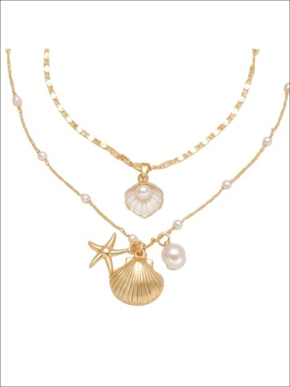 14K Gold Plated Layered Seashell Starfish Choker Necklace with Pearl Accent